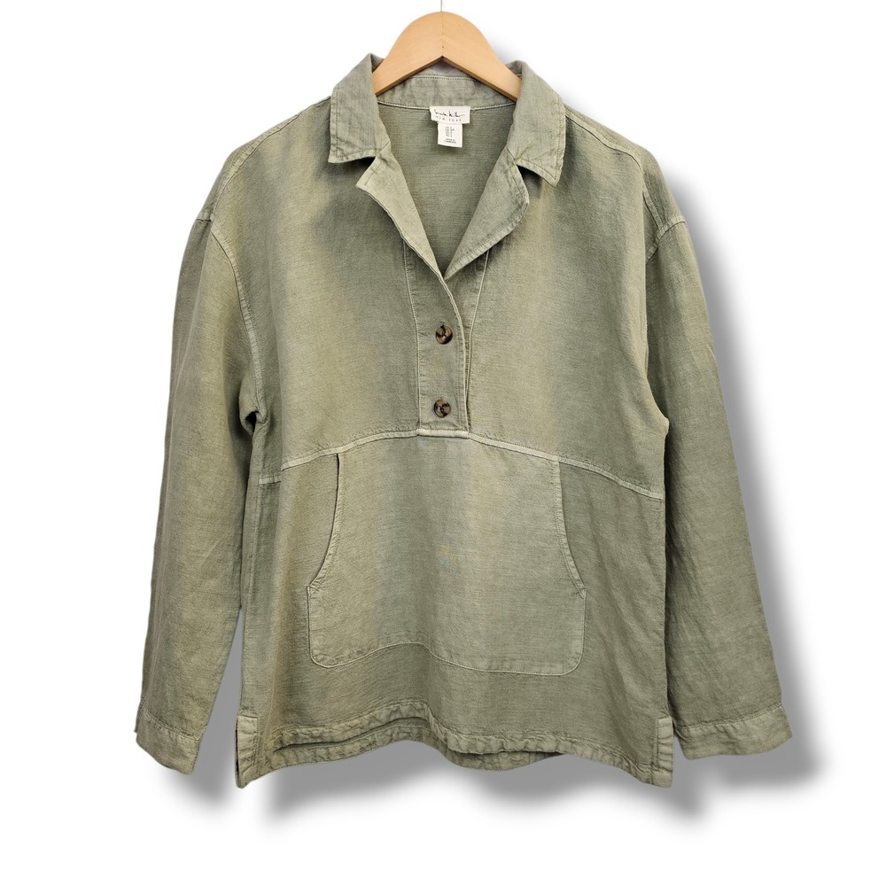 Vintage Nicole Miller Top S Women Sage Green Linen Boho Earthy Lagenlook Coastal